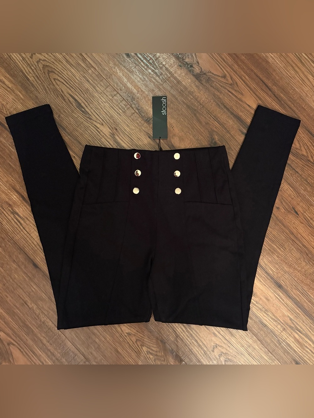 Stoosh Black High-Waist Pants with Gold Button Detail
